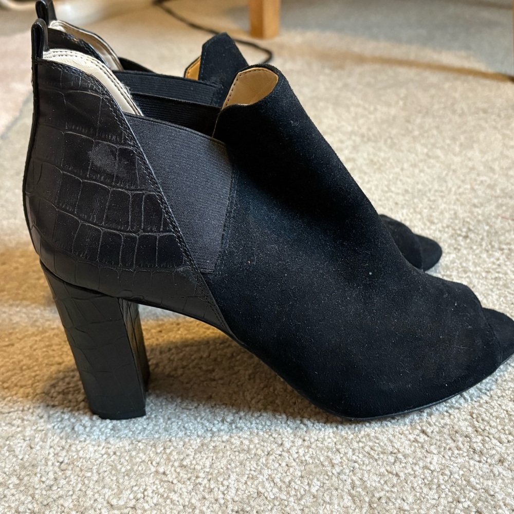 Marc Fisher Black Suede Peep Toe Croc-Embossed Block Heel Booties - Picture 3 of 6